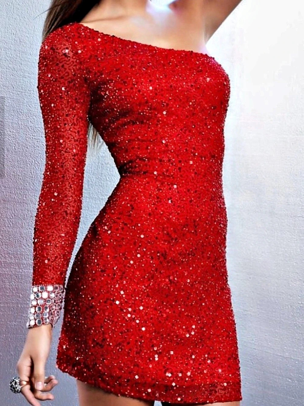 Shail K Silk Red Sequin Long Sleeve Mini Dress